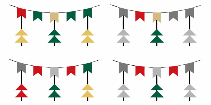 Festive Bunting With Triangle Flags And Evergreen Tree Shapes Vector Illustration