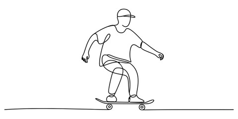 Continuous single line drawing of a young man riding a skateboard with a cap in a cool urban street style fashion Vector, illustration © D-Stocker2026