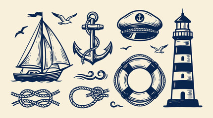 Hand Drawn nautical icons including a sailboat and lighthouse on a seascape © Crushin