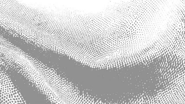 abstract wave of white dots on grey background forming digital flowing pattern with depth and motion for modern design concepts