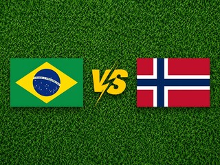 Fototapeta premium Brazil versus Norway flags on a green grass background for a competitive match