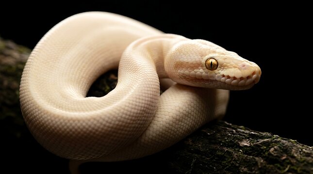 Albino Ball Python Coiled on a Branch Against a Black Background.