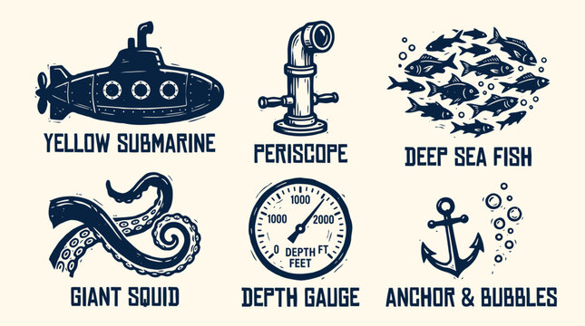 Nautical scene with Hand Drawn yellow submarine, giant squid, and deep sea fish swimming near an anchor and periscope.