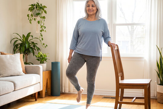 Senior Woman Performing Chair Exercise at Home