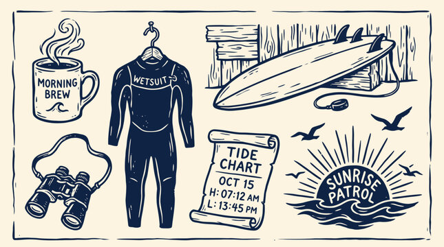 Hand Drawn illustration of a surfboard, wetsuit, and coffee near a tide chart at sunrise
