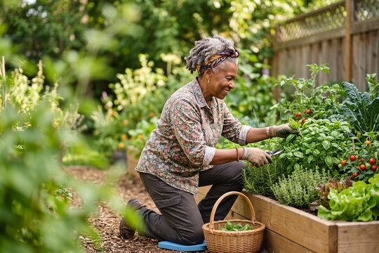 Senior Woman Gardening with Fresh Vegetables at Home