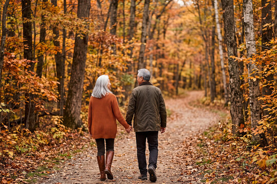 Senior Couple Walking Through Autumn Forest Together