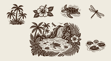 A serene tropical island scene with Hand Drawn palm trees and a waterfall © Crushin