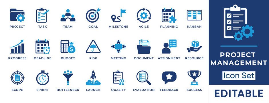 Agile project management and business workflow solid icon set. Features symbols for Kanban Planning, Sprint Progress, and Bottleneck Risk. Vector icons for scrum dashboards and strategy.