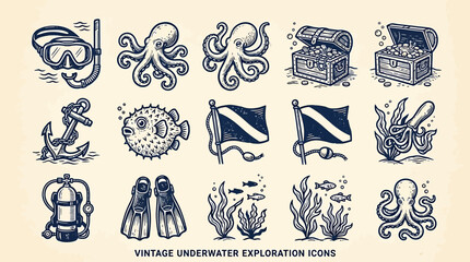 Hand Drawn Vintage Underwater Exploration Icons Featuring Diverse Marine Life © Crushin