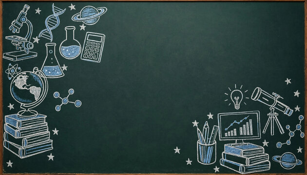 Educational doodles of science and learning symbols on a chalkboard for school or university concepts