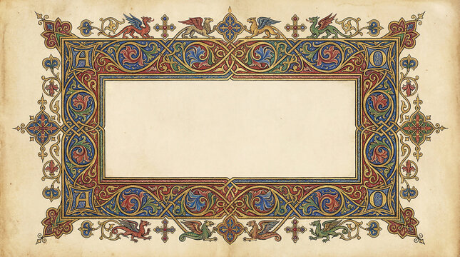 ornate medieval illuminated manuscript border with mythical creatures and floral motifs.
