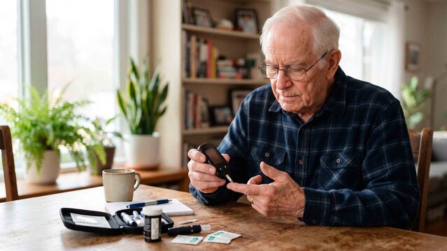 Elderly man checks blood sugar levels at home with a glucose meter and lancet device for diabetes management