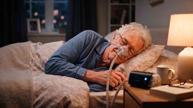 Elderly man sleeping peacefully in bed with CPAP machine for sleep apnea treatment