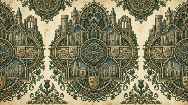 Scottish castle and thistle pattern with celtic knotwork border, creating ornate vintage design.