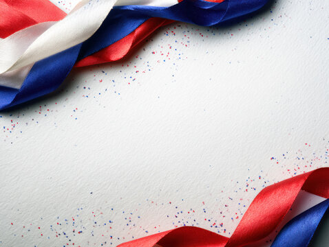 Blue White Red Ribbon Border on White Background