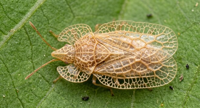 Dorsal view of a transparent lace bug resting on green foliage