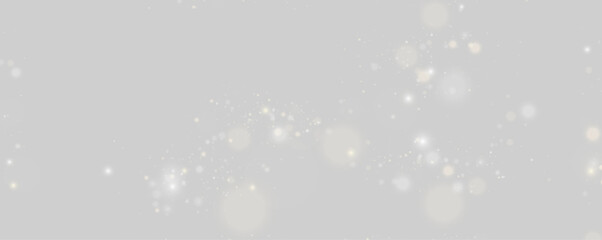 Obraz premium Transparent glitter effect with white glowing dust and bright sparkle particles. Floating gold light spots, lens flare and bokeh texture. Vector PNG illustration.