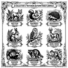 Obraz premium Vintage victorian woodcut collection of autumn forest animals with woodland, wildlife