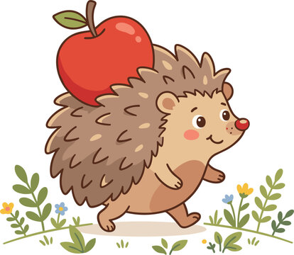 Cute little hedgehog carrying a big red apple on back walking through grass cartoon vector illustration