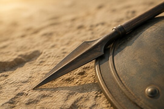 Bronze spearhead crossing a round shield on sandstone, soft morning light.