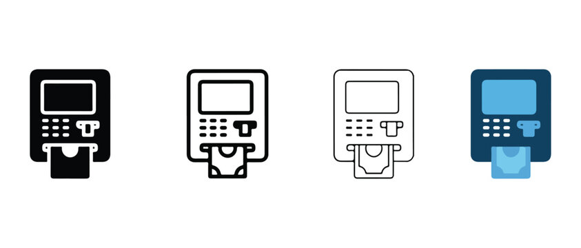 atm machine icons in black white and blue on white background  various styles