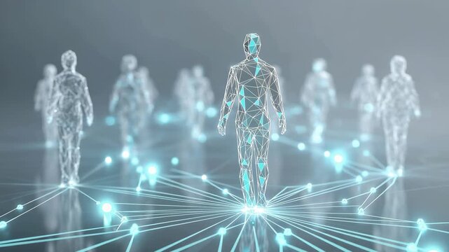 Digital human figures connected by glowing network