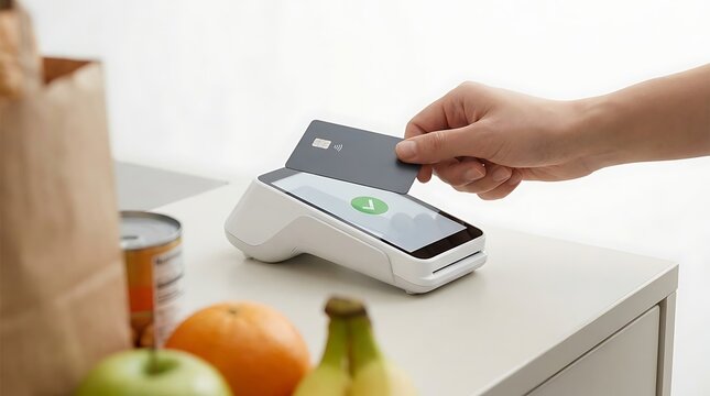 Customer paying with contactless credit card at checkout counter with groceries