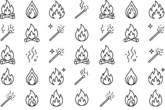 Fire flame and bonfire vector line icon pattern set featuring campfires burning matches sparks and smoke