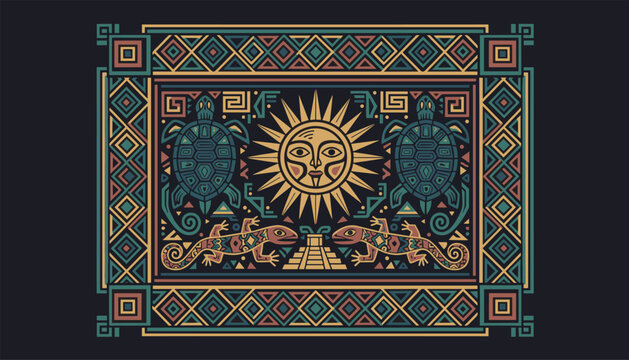 Ancient Mayan or Aztec style illustration featuring a central sun face turtles lizards and geometric borders.