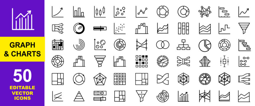 Graphs and Charts Icons Set: 50 Editable Vector Icons of Data Visualization, Business Analytics, Infographic Elements, Statistics, Financial Reports, and Dashboard UI Thin Line Symbols
