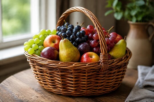 A tightly woven osier basket filled with fresh fruits, natural texture of willow.