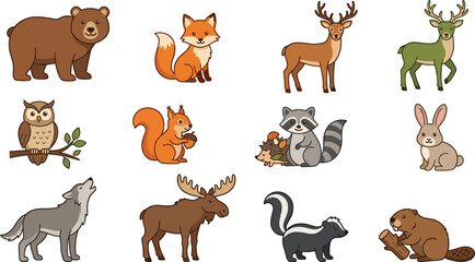 Obraz premium Cute woodland forest animals cartoon icon collection set with bear fox deer owl raccoon and squirrel
