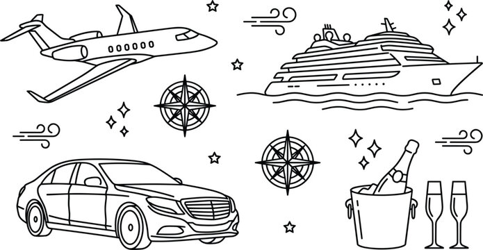 Premium luxury travel vector elements set featuring private jet cruise ship sedan car champagne and compass icons