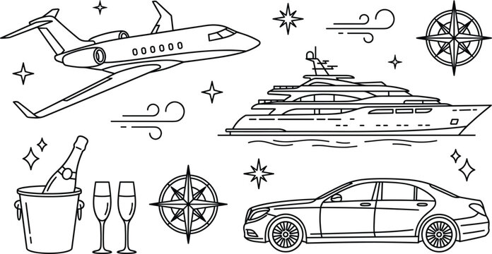 Luxury travel lifestyle vector element set featuring private jet yacht sedan car champagne and star compass icons