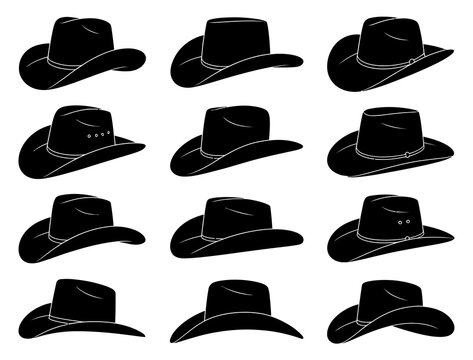 Set of black cowboy hat icons in various angles with silhouette