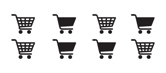 Variety of shopping cart silhouettes representing empty or grid style supermarket basket design tools. © Suraiyajannat