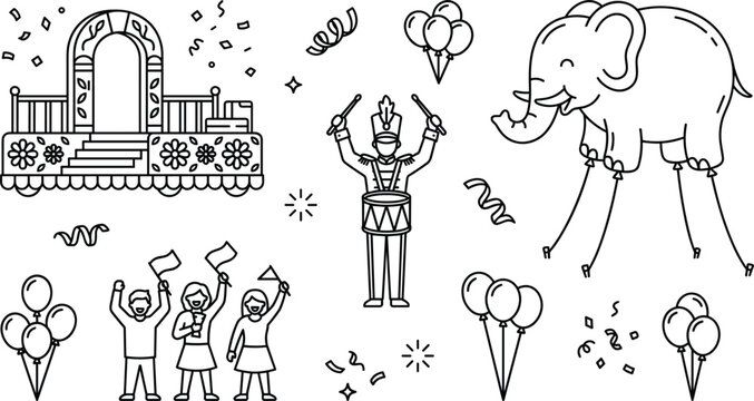 Festive parade vector elements set featuring carnival float drummer elephant balloon spectators confetti and celebration icons