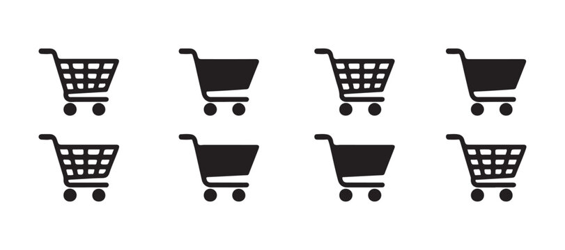 Variety of shopping cart silhouettes representing empty or grid style supermarket basket design tools.