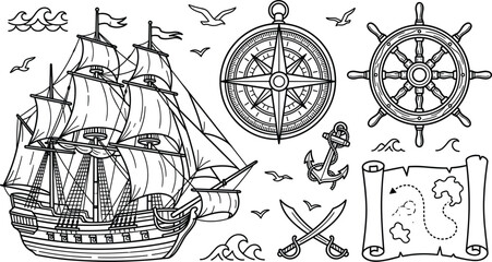 Nautical pirate vector elements set with old sailing ship compass anchor steering wheel map swords and waves © MstLaky