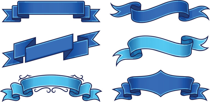Set of various blue ribbon vector graphic banners presented in a flat style on transparent background
