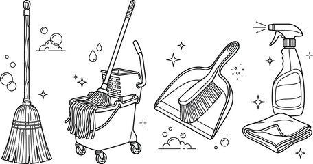 Cleaning tools vector set with mop bucket straw broom dustpan brush spray bottle and microfiber cloth elements. © MstLaky