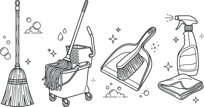 Cleaning tools vector set with mop bucket straw broom dustpan brush spray bottle and microfiber cloth elements.