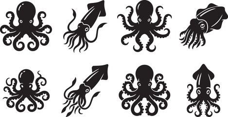 Set of black silhouette octopus and squid vector graphic icons shown on transparent background © muawiya