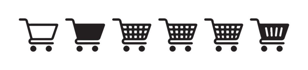 Flat shopping cart icon collection with diverse designs for grocery stores and digital marketplaces. © Suraiyajannat