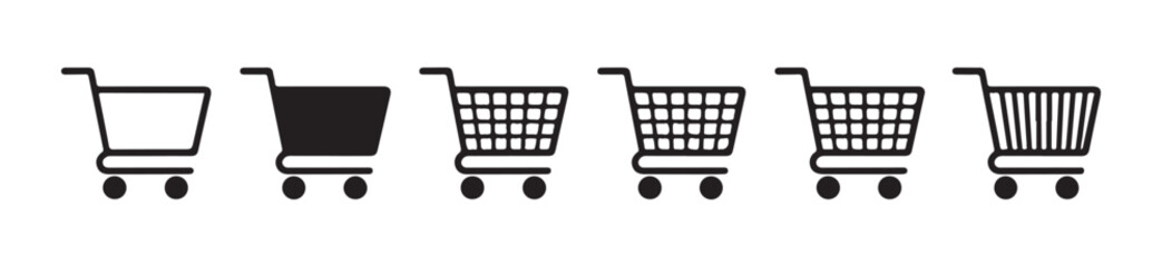 Variety of shopping cart silhouettes including wireframe and solid versions for retail website design. © Suraiyajannat