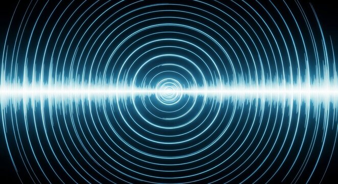 Futuristic digital sound wave pattern with concentric circles and glowing lines representing audio frequencies