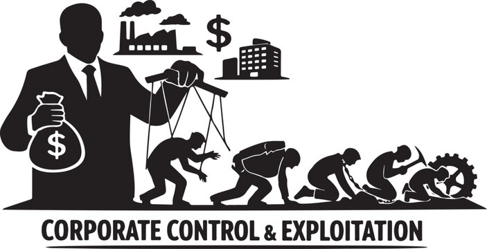 Corporate Control and Human Exploitation silhouette vector