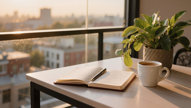 Journal and Coffee on Balcony Table at Golden Hour with City View