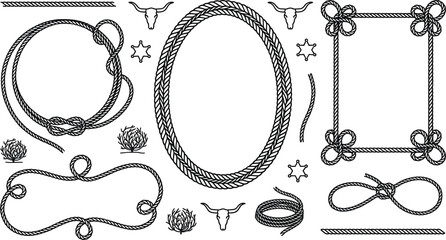 Western rope frame vector set with cowboy lasso borders bull skulls sheriff stars and tumbleweed design elements. © MstLaky